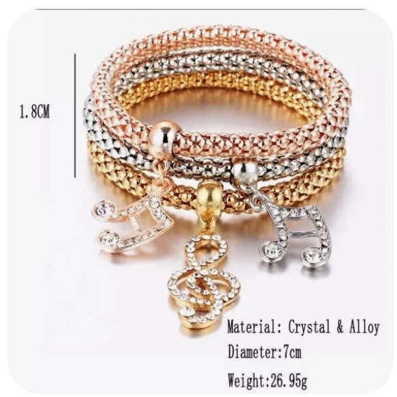 3 Piece Silver Rose Music Notes Bangle Bracelet - Picture 3 of 5